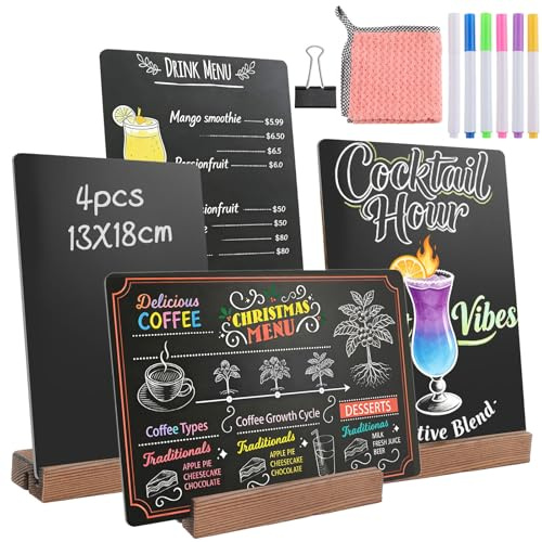 SneiDr 4 Stück 13x18cm Kreidetafel Aufsteller Holz Kleine Tafel Holzständer | Doppelseitige Blackboard inkl. FlüssigeKreide Tuch Clip Kleine Tafeln zum Beschriften Buffet Hochzeit Party Bäckerei Café Bar