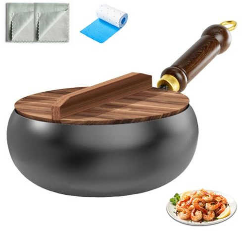 Japanese Cast Iron Wok Pan, Uncoated Thick Iron Pot, Hand-Forged Non Stick with Lid for Gas Stoves Induction Hobs (Wooden lid, 24cm)