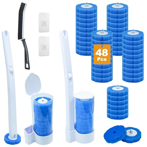 JUYLTOOL Escobillas de Baño Desechable WC, con 48 Rellenos de Detergente y 2 Escobilla WC Mango Largo Montado En La Pared para Limpiar Inodoros, Baños y Lavabos, Aroma Fresco a Mar
