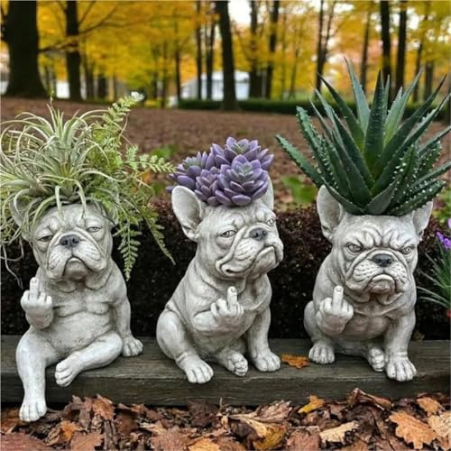 Rubu22a Lustiger Blumentopf mit Französischer Bulldogge, Kreativer Hunde-Pflanzbehälter, Witzige Gartenfigur, für Draußen (A+B+C)