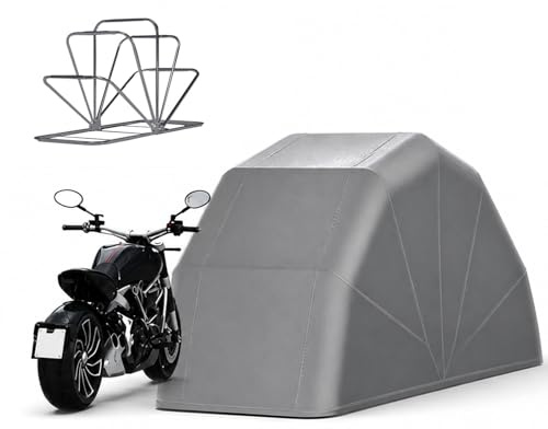 Garage Moto Pieghevole con Telaio in Acciaio Inox Quadrato 20mm, Copertura Moto Impermeabile 600D Oxford con 2 Finestre e Serratura a Terra, Box Moto Esterno(Gray,2.6 * 1.3 * 1.6M)