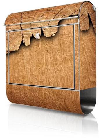 banjado Briefkasten Edelstahl 38x43x12cm & 2 Schlüssel - rostfreier Edelstahl Briefkasten mit Zeitungsfach - Postkasten A4 Einwurf inkl. Montagematerial - Motiv Holz