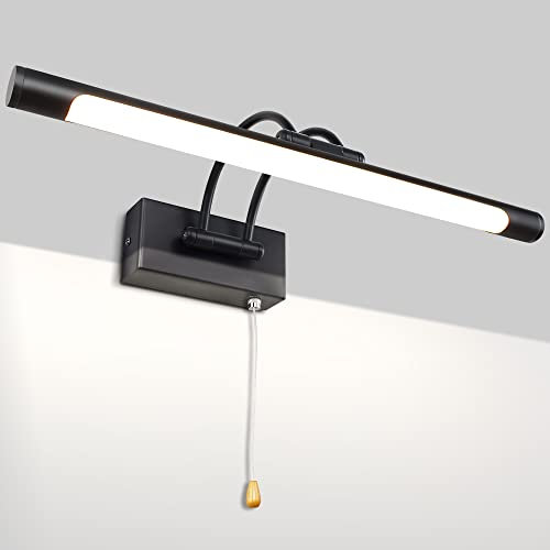 MantoLite Modern LED Bathroom Mirror Light with Pull Cord 40CM Black Picture Light with Swivel Lamp Head for Hotel Restaurant IP44 Bathroom Wall Light Arc Arm 3000K Warm White