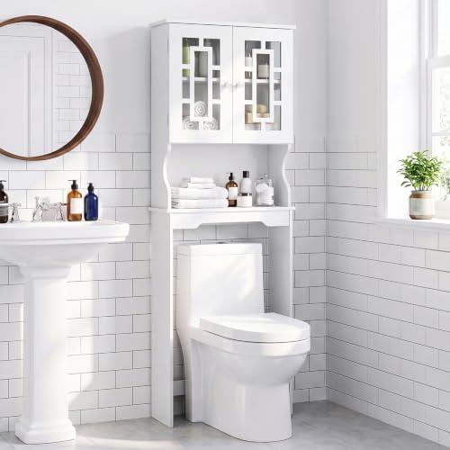 COSTWAY Etagère de Salle de Bain, Meuble Dessus Toilette WC/Machine à Laver, avec Armoire à 2 Etagères avec 2 Portes et Etagère Ouverte, Meuble Salle de Bain Armoire de WC, Blanc
