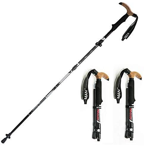 KOSSJAA Faltbare Wandernstöcke Leichte Trekkingstöcke Herren Einstellbare Walking Stöcke Bergsteigen Ultraleicht Wanderstock für Damen 2er Set (T Hand 110 cm schwarz, 2pcs)
