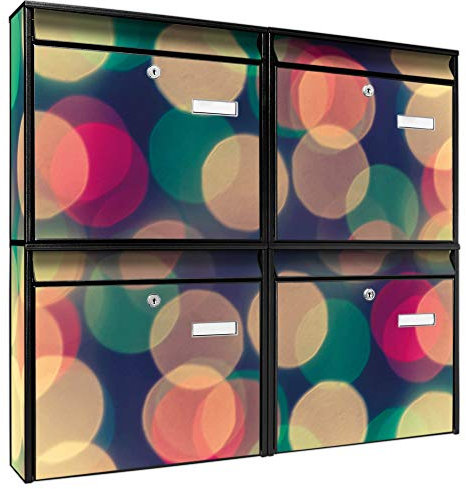 banjado Briefkastenanlage 4 Fach - Postkästen groß - verzinkter Stahl schwarz DIN A4 Motiv Lichtpunkte - Briefkasten Set 4 Briefkästen Namensschild, 2 Schlüssel, Montagematerial