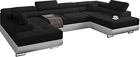 Ecksofa Miami U mit Schlaffunktion, Freistehend schlafsofa, Schlafsofa mit bettfunktion, U Form Couch, Ecksofa mit Bettkasten, 338 x 203 cm (Schwarz + Weißer Kunstleder -EKO)