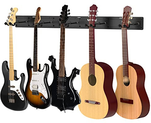 LEKATO Wandhalterung Gitarrenaufhänger Basshalter E-Gitarrenständer zum Halten von 5 Gutiars&Bass Aluminium-Lamellen-Wandschienensystem Metall-Gitarren-Rack-Nähdesign