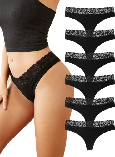 INNERSY Thongs for Women Underwear Lace Trim Hipster G String Thong 6 Pack | Soft Cotton High Leg Knickers, Elegant Feminine Waist Detail, Sexy Delicate Ladies Panties, Tag-free, Sport, Date, Daily Wear