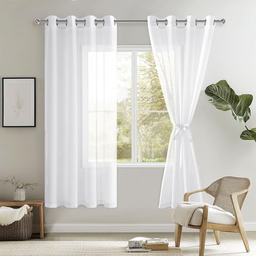 DWCN Tende per Interni in Voile con Fermatenda per Salotto Eleganti Tende Trasparenti con Occhielli Morbidi Finestre 2 Pannelli, 140x183 CM, Bianco