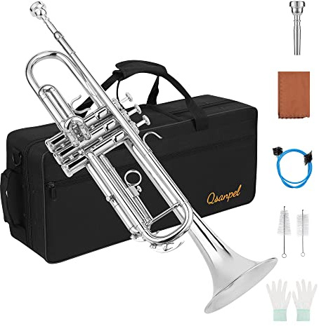 Qsanpel Bb Standard Trumpet Set for Beginner Student Brass Trumpet Instruments Silver Trumpet for Adults with Case Valve Oil 7C Mouthpiece and Cleaning Kit