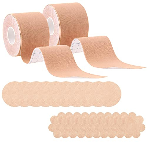 PLATEYTR 2 Pack 5cm*5m Boob Tape and 20Pcs Nipple Cover Set,Brust Boob Tape BH Lift Up Selbstklebendes Push-Up-Band Brustpasteten mit für A-E Cup Große Brust