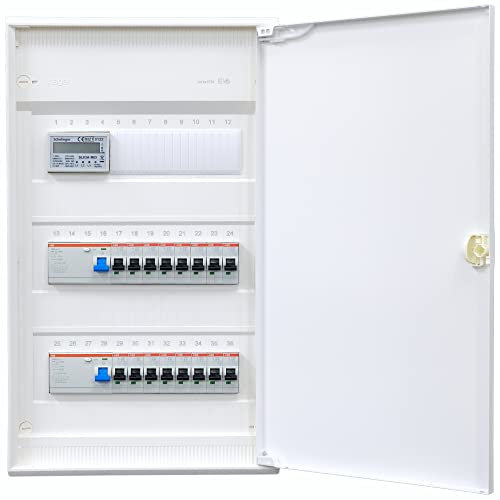 Mit Zähler bestückter Hager Aufputzverteiler 3-reihig VA36CN ANSCHLUSSFERTIG verdrahtet mit Klemmblock. Bestückung ABB 2x FI 4-polig + 16x LS B16A
