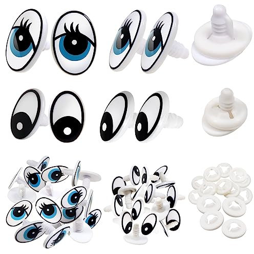 TOAOB 120 Stück Ovale Puppenaugen Blau und Schwarz Sicherheitsaugen Kunststoffaugen mit Wimpern 19mm 25mm Knopfaugen mit Unterlegscheiben für Häkeltiere Puppe Marionette Plüschtier Teddyaugen