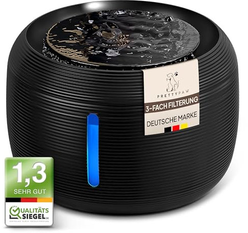 Katzen Oase (Schwarz) Pretty Paw© Trinkbrunnen für Katze – Flüsterleiser 2,5L Katzenbrunnen mit LED & Aktivkohlefilter | BPA-frei & leicht zu reinigen | Hochwertige Lösung zum fairen Preis