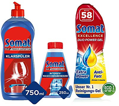 Somat Excellence Duo Power Gel Zitrone, Limette 58 WL & Somat Intensiv-Maschinenreiniger, Entkalkungsfunktion, 250 ml & Klarspüler, Extra-Glanz | 750 ml (1er Pack)