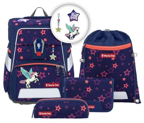 Step by Step Schulranzen-Set Space Shine „Pegasus Night Nuala“ 5-teilig, ergonomischer Tornister mit Reflektoren, höhenverstellbar mit Hüftgurt, Grundschule, 1. Klasse, 20L, lila-rosa