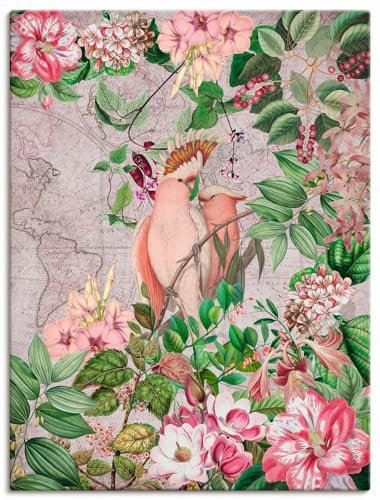 ARTLAND Wanddeko Leinwand Bilder Wandbild 60x80 cm Papagei Kakadu Garten exotische Pflanzen Blumen Vintage U4VW