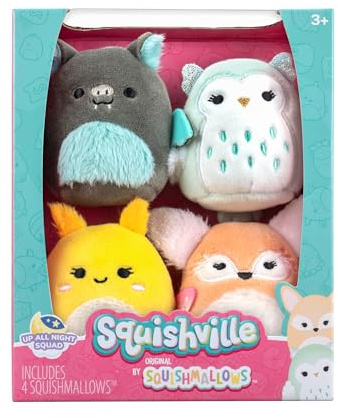 Squishville SQM0504-4er Pack Nachtaktiv Squad, superweiche Mini-Squishmallows, 5cm Plüschfiguren