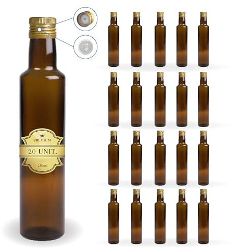 20 Flaschen aus dunklem Glas 250 ml mit goldenem Ausgießer-Schraubverschluss – Ölflaschen für Olivenöl, Essig, Alkohol und Saucen | Espirito Rebelde