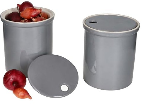 MamboCat Oskar Lot de 2 boîtes de conservation M en gris I Ø 16 cm I Pot à oignons avec couvercle en argile blanche pour votre cuisine I Boîte de rangement cylindrique élégante pour légumes I Idéal