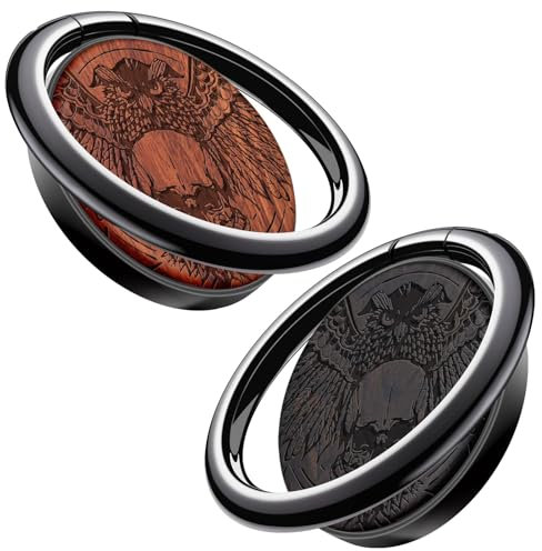 Carveit Wooden Phone Ring Holder Finger Stand Metal Grip Hook Phone Kickstand Compatible With S24 Ultra S23 iPhone 15 Pro Max 12 13 14 Pixel 8-BlackWood+RedWood/Black/Owl and Skull [2 Pack]
