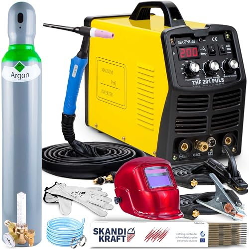 Magnum THF 201 PULSE - 200A DC WIG Puls Schweißgerät Inverter mit Frequenz- und Balance-Regelung - Effizientes Edelstahl Schweißgerät mit MMA Schweißfunktion - IGBT - Set Professional Plus