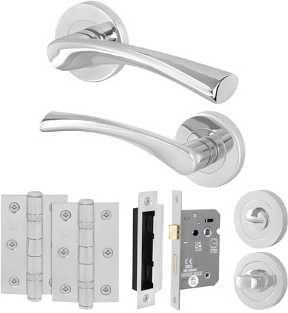 EAI Polished Chrome Door Handles with Bathroom Lock 80mm, Hinges - Novoli | Complete Bathroom Kit with 1 Pair of Round Door Handles, 80mm Lock, 76mm Hinges and Thumb Turn Set, Fixings Included