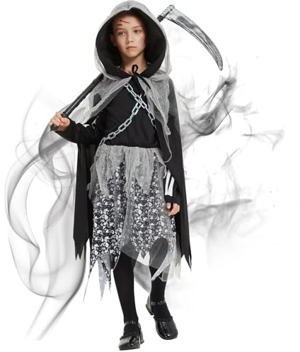 Joellfuner Costume Halloween Bambina Morte, Costume da Scheletro con Catena in Vita e Falce Giocattolo, Morte Costume di Halloween, Costume da Mietitore Vestito Bambino, Vestito Nero la Morte (M)
