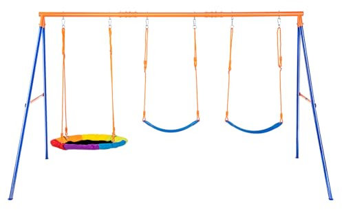 VEVOR Altalena da Esterno per Bambini, Capacità di 272 kg Altalena da Giardino con 1 Sedile da Altalena a Piattino, 2 Sedili da Altalena con Cintura, con Telaio ad A Resistente e Corda Regolabile