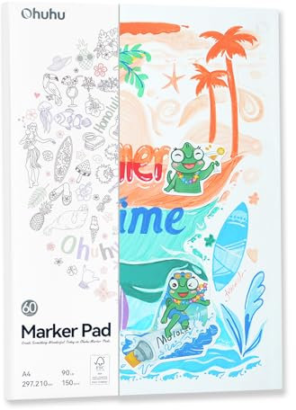 Ohuhu Double-Sided Bleedproof A4 Sketchbook - 120 Pages (60 Sheets) 150GSM No Bleed-Through Paper for Alcohol Markers, Glue-Bound Art Journal (210x297mm) for Ink & Watercolour