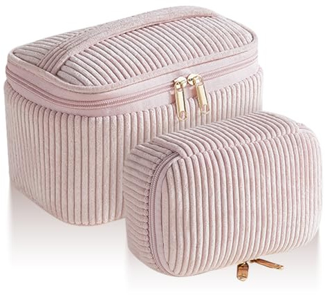 Kytpyi Kosmetiktasche Set, Kosmetiktasche Reise, 2 Stück Stilvoll Kord Schminktasche Groß mit Fächer für Toilettenartikel, Tragbar Weich Kulturtasche Damen für Verabredung Party Reise (Rosa Streif)