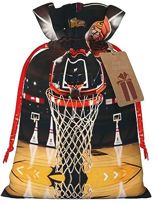 HJLUUFT Jutebeutel mit Basketball-Druck, Weihnachtsgeschenktasche mit Kordelzug und Geschenkanhänger, Hochzeit, Weihnachten, Partygeschenk