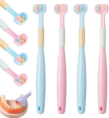 Lot de 4 brosses à dents trois faces pour enfants de 1 à 14 ans, adaptées à l'autisme, nettoyage ultra doux à 360 °, soin des poils tridimensionnels, soin des dents et des gencives (bleu/rose)