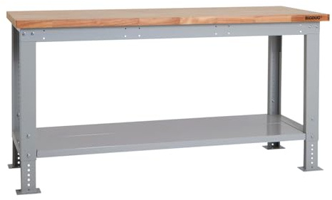 BiGDUG Height Adjustable Workbench - Heavy Duty Workshop Table - 877H x 1715W x 600D mm - Wood Worktop Full Depth Lower Shelf