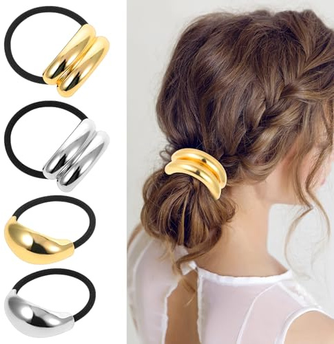 4 Stück Gold Hair Ties, Haarmanschetten für Pferdeschwanz, Haargummi Silber Damen Metall Armband Halter Haar-Accessoire Schwarz Elastisch Zopfgummi für Frauen und Mädchen Dickes Dünnes Lockiges