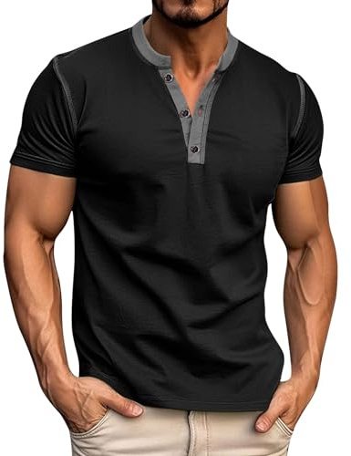 Henley Camicie da uomo a maniche corte in tinta unita magliette 3 bottoni giù camicia top top colletto alzato camicetta magliette casual, Camicie Henley nere per uomo manica corta, M