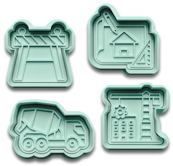 Keksausstecher Baustelle Set – 4-teilig: Straßenabsperrung, Bauplan, Fahrmischer, Kran & Haus – PLA – Geschenk für Kinder & Baustellenfans