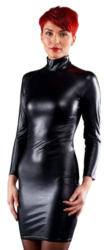 Rubberfashion Wetlook Damen Midi Kleid - figurbetontes Kleid Langarm - Damen Kleid elegant - als Abendmode und Party Outfit für Frauen