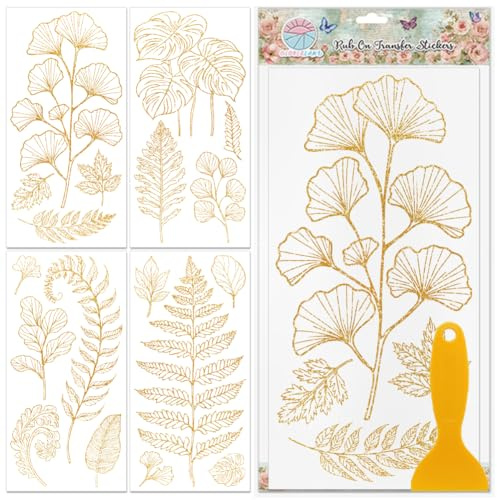 GLOBLELAND 4 Blatt Möbel Transferaufkleber In Blattgold 6x12Zoll Farnblätter Zum Aufreiben UV Selbstklebende Aufkleber Wandkunst Basteln Für Schlafzimmer Wohnzimmer Schreibtisch Tischdekoration