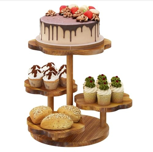 NEWFUN Cupcake Ständer, Etagere Holz, Etagere 4 Etagen für Cupcakes, Tortenständer aus Holz Servierplatte Olzuntersetzer für Partys, Hochzeiten, Festivals