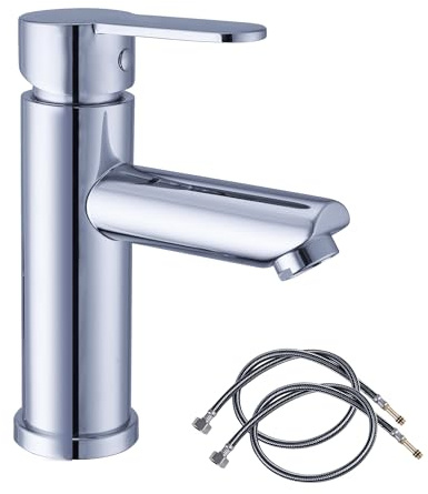 Chrome Bathroom Basin Tap Washroom Hot and Cold Mixer Tap 1 Hole Single Lever Bathroom Sink Faucet with 80CM UK Standard Hoses
