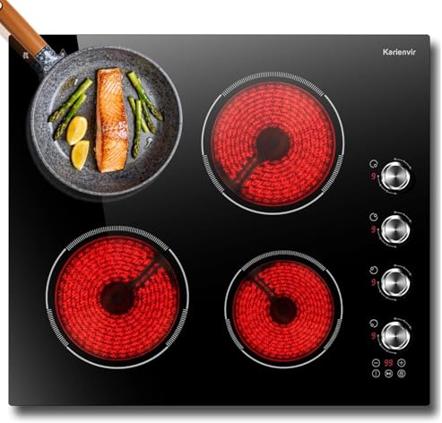 Karienvir Piano cottura in vetroceramica, 4 piastre, pulsante e controllo touch, piano cottura in ceramica integrato da 60 cm, 6000 W, piano cottura a 4 piani cottura con blocco di sicurezza, timer