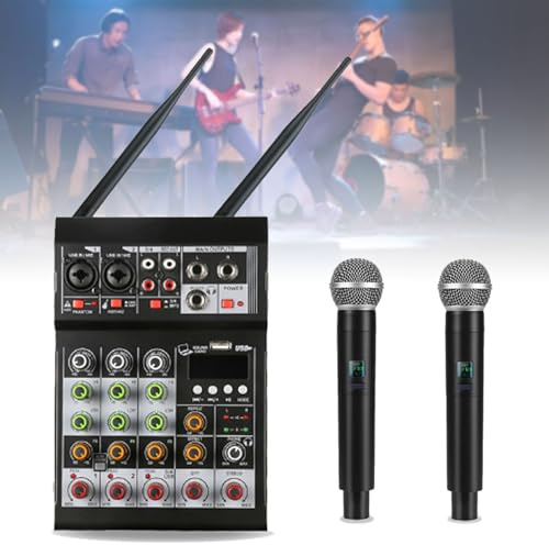 PxkVrin Karaoke Audio Mixer, Audio DJ Console Mixer, with Dua Uhf Wireless Microphone,Usb, Bluetooth, 48v Phantom,16 Echo/Delay, for Studio Recording.