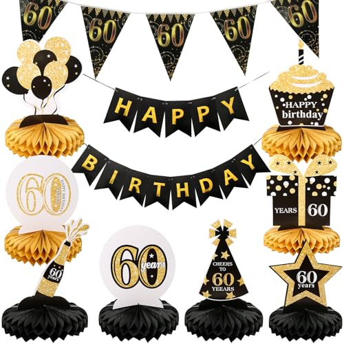 CAMETNG 60. Tischdeko Geburtstag Set, 16 Stk Bienenwabe Mittelstück mit Geburtstagsgirlande und Wimpelkette, Tischdeko 60 Geburtstag Deko, Deko Schwarz Gold für Männer und Frauen