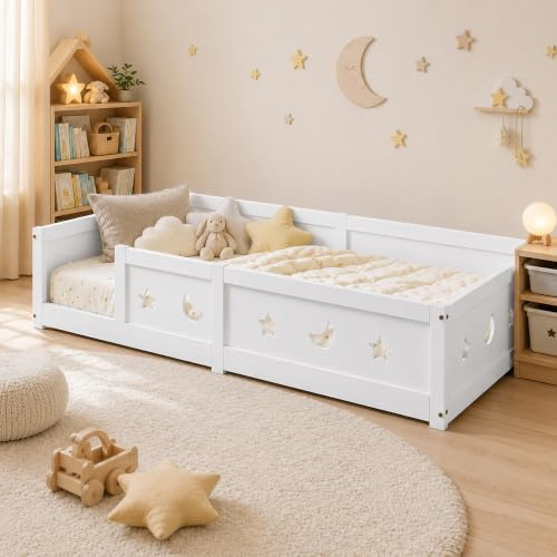 UTTQEW Cama Infantil Montessori de 90 x 200 cm, Cama de Madera con protección anticaída y somier, Cama Individual con diseño de Estrella y Luna, sin colchón (Blanco, 90 x 200)
