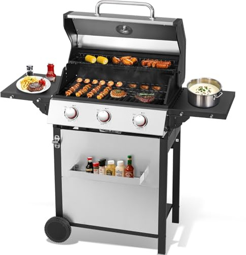 GRILL DEPOTS 3-Burner Propane Gas Grill with 2 Folding Sides, BBQ Grill with Wheels, Double-layer Stainless Steel Lid & Cast Iron Grates 30,000 BTU for Outdoor Backyard Patio