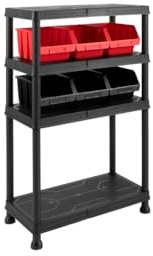 Kreher® Kunststoff Steckregal 60x30x94 cm mit 4 Ebenen & 6 Lagerboxen - Lagerregal aus Kunststoff, 25 kg pro Boden, Ideal für Keller, Garage, Haushalt & Werkstatt - Schwarz