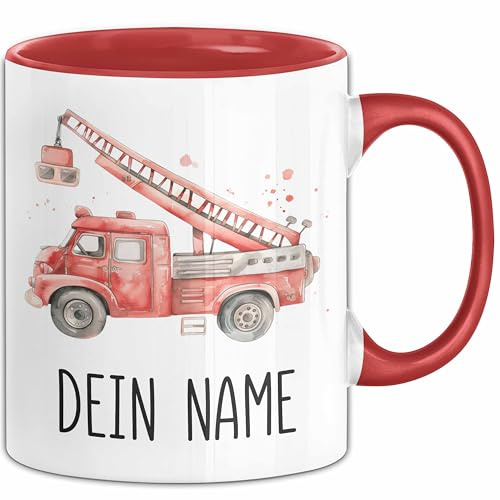 Feuerwehr Tasse mit Namen – Personalisierte Tasse Geburtstag Geschenkidee süßes Feuerwehrmotiv Niedliche Namenstasse (Rot)