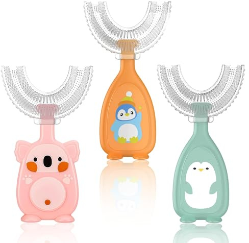 Brosse à Dents en Forme de U pour Enfants 2-6 Ans Silicone Souple Alimentaire Nettoyage 360° Massage Gencives Brosse à Dent Bébé Manuel Sans BPA Lot 3 Apprentissage Entraînement Voyage Rose Bleu Vert